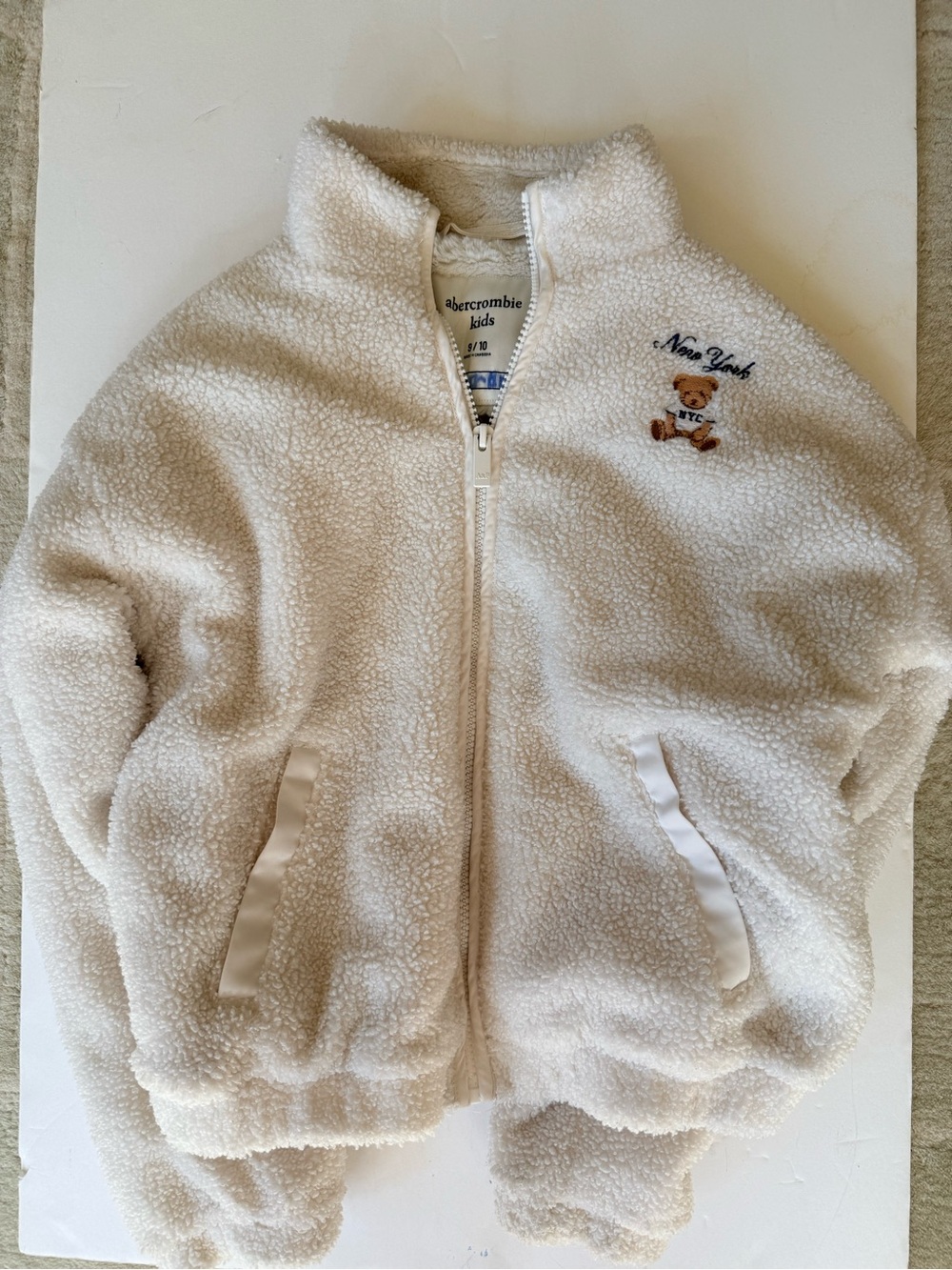 abercrombie kids Cream Sherpa Zip Hoodie with Bear Embroidery